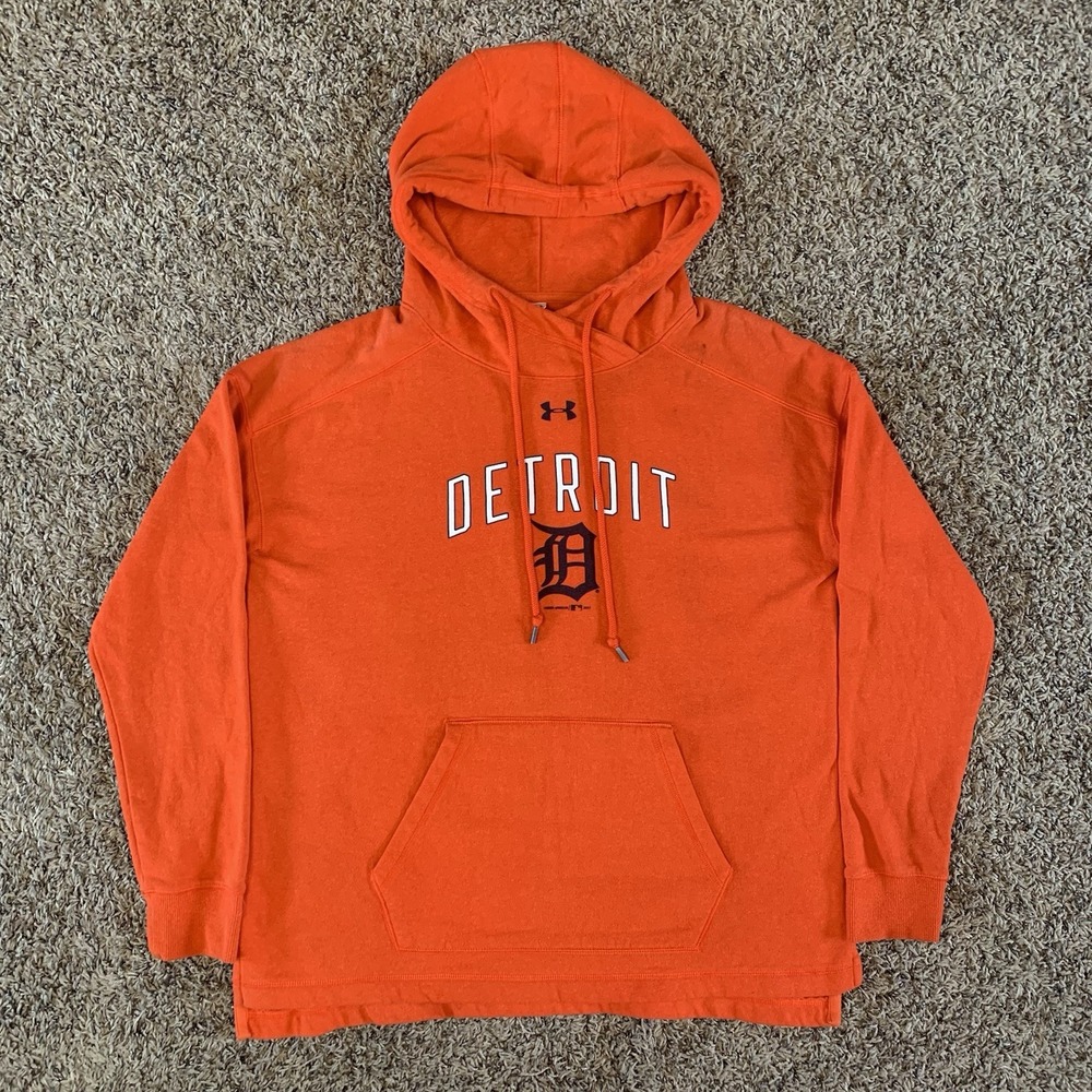 Detroit Tigers Hoodie Adult Medium Orange Under Armour Logo Sweatshirt Cold Gear